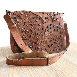 Patricia Nash Rosa Brown Leather Studded Saddle Messenger Crossbody Bag